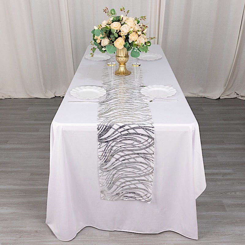 12x108 in Mesh with Wavy Embroidered Sequins Table Runner