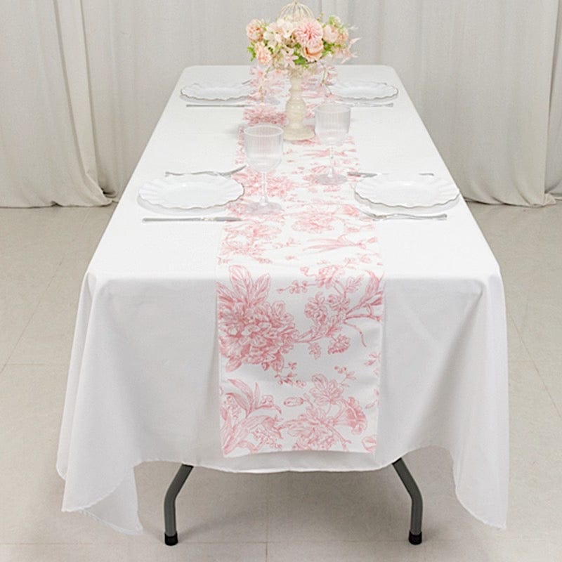 12x108 White with French Toile Floral Print Polyester Table Runner