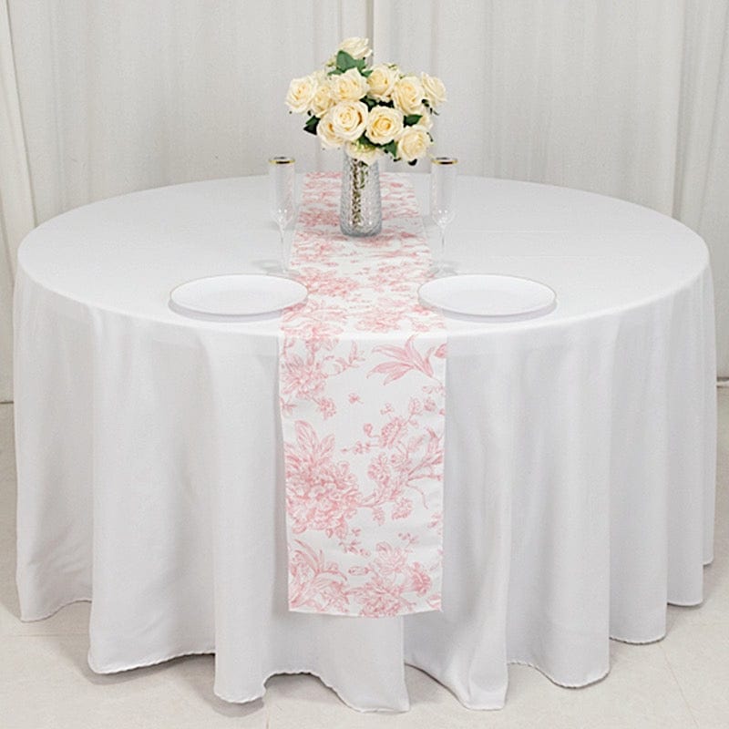 12x108 White with French Toile Floral Print Polyester Table Runner