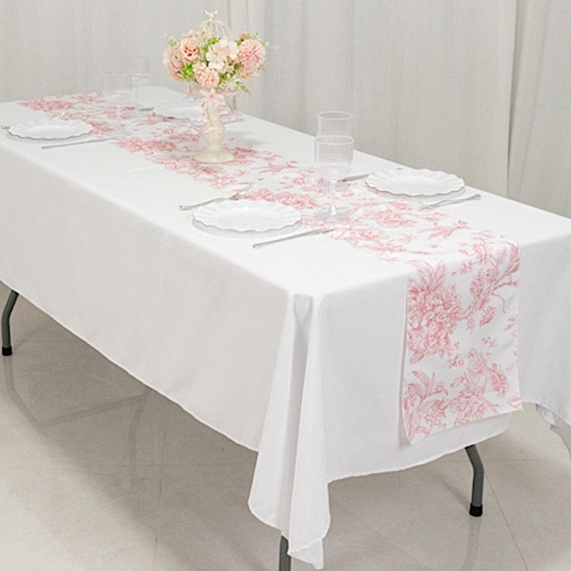 12x108 White with French Toile Floral Print Polyester Table Runner