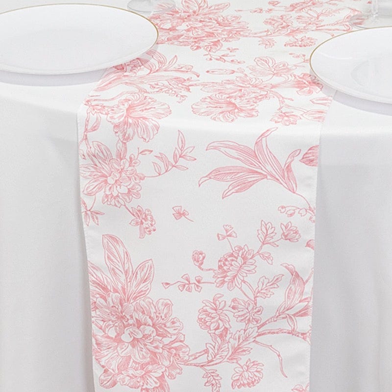 12x108 White with French Toile Floral Print Polyester Table Runner