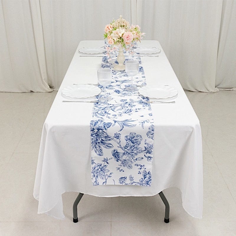12x108 White with French Toile Floral Print Polyester Table Runner