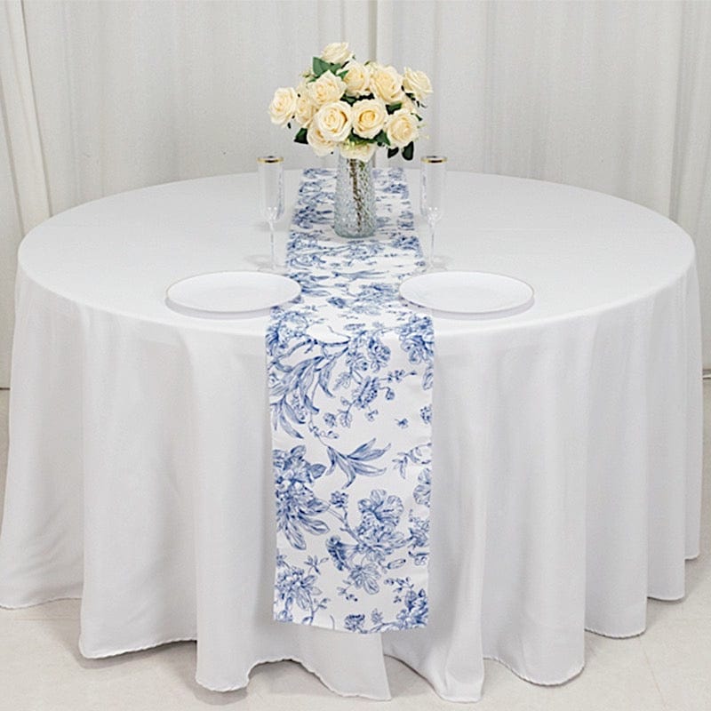 12x108 White with French Toile Floral Print Polyester Table Runner