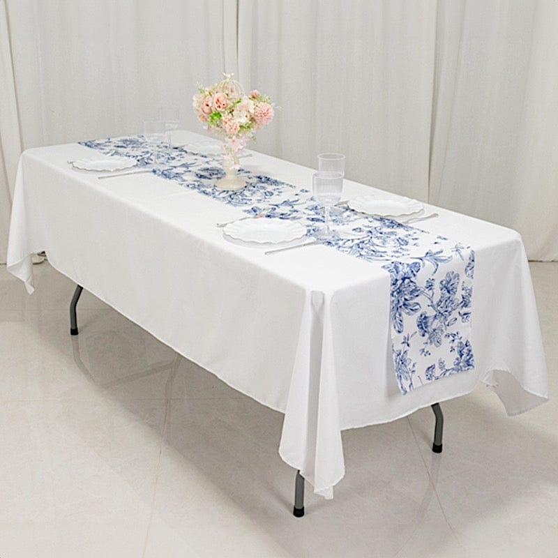 12x108 White with French Toile Floral Print Polyester Table Runner