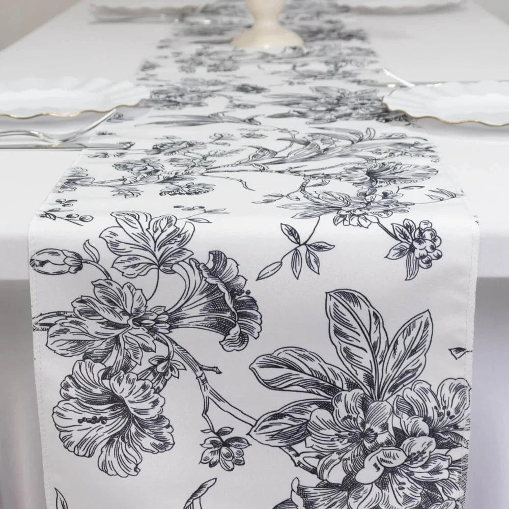 12x108 White with French Toile Floral Print Polyester Table Runner