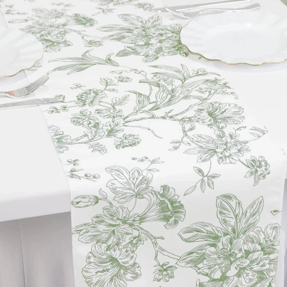 12x108 White with French Toile Floral Print Polyester Table Runner