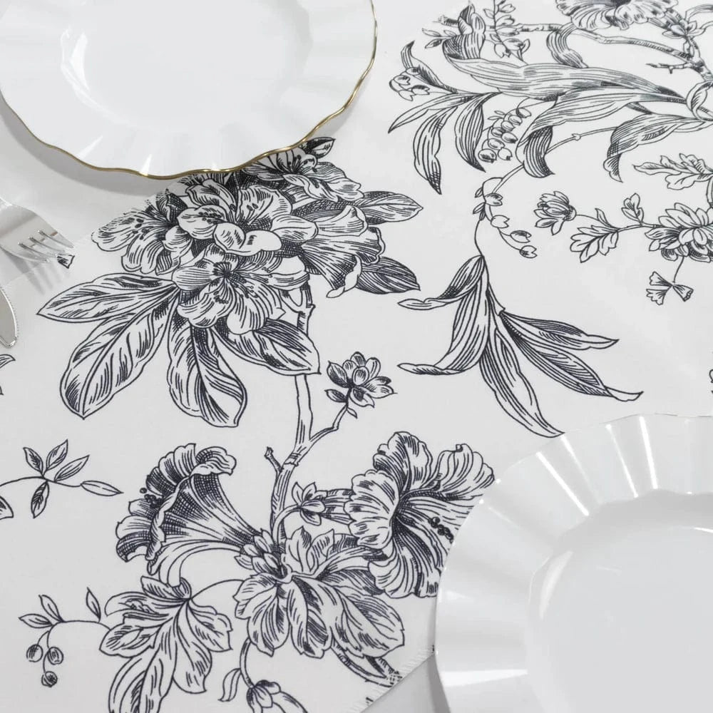 12x108 White with French Toile Floral Print Polyester Table Runner
