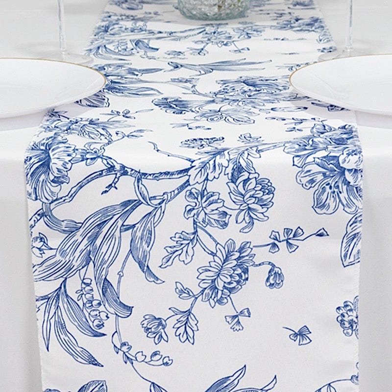 12x108 White with French Toile Floral Print Polyester Table Runner