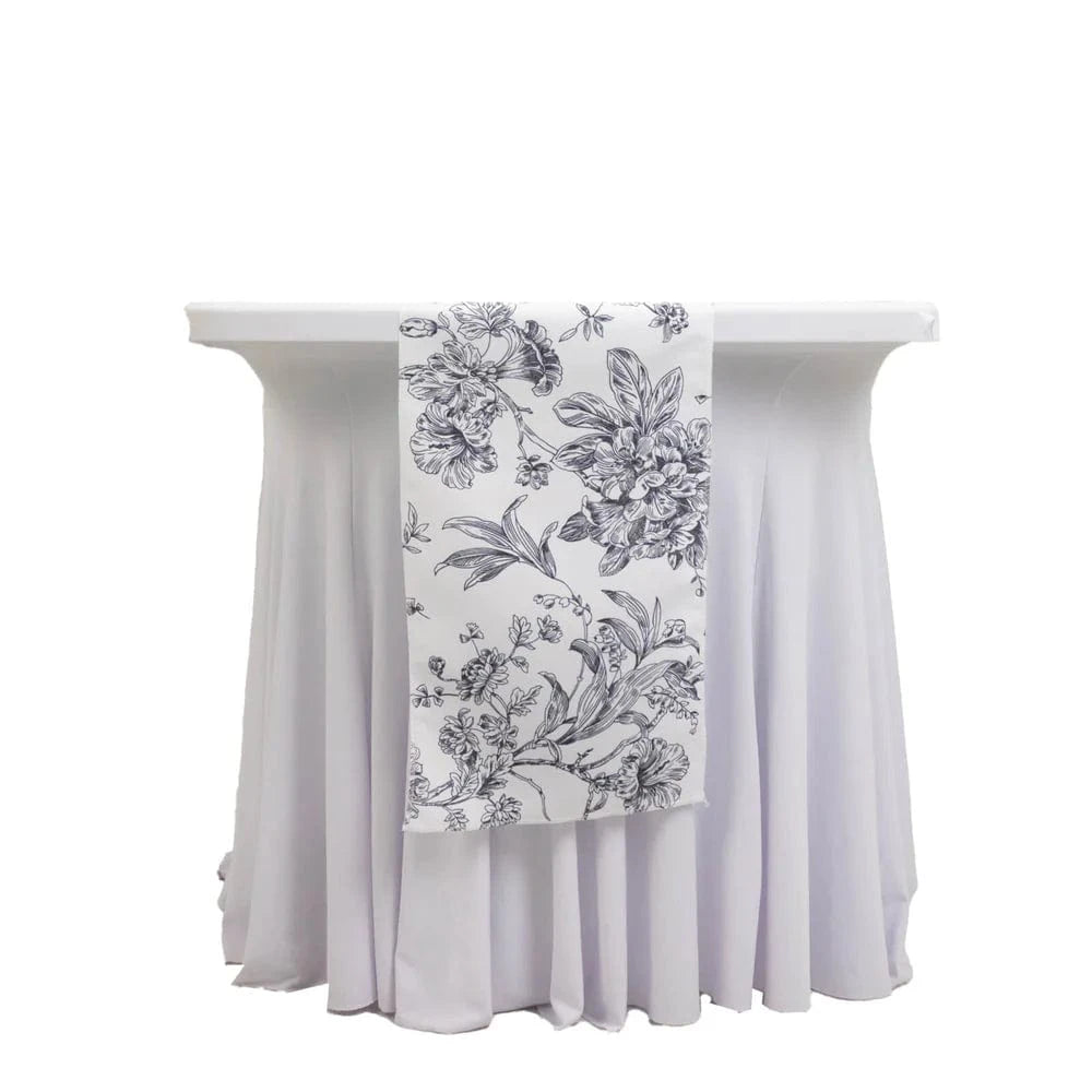12x108 White with French Toile Floral Print Polyester Table Runner