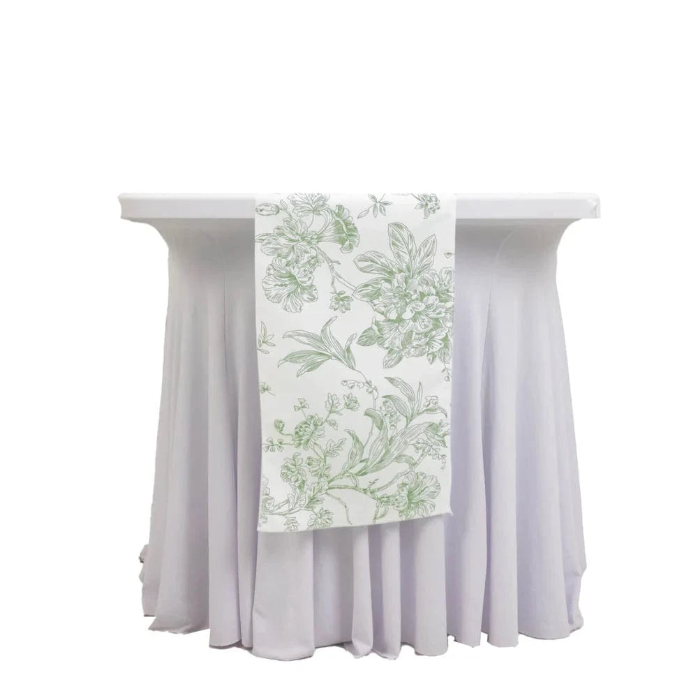 12x108 White with French Toile Floral Print Polyester Table Runner