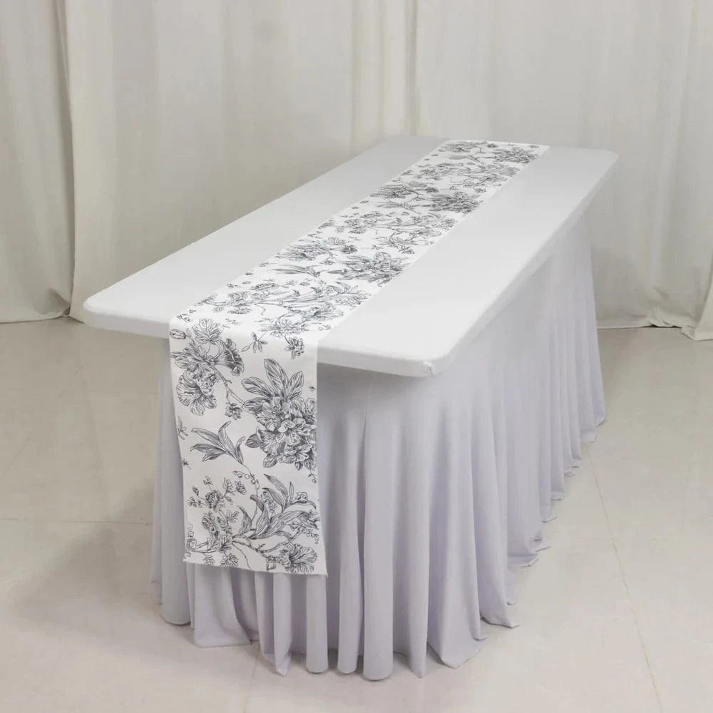 12x108 White with French Toile Floral Print Polyester Table Runner
