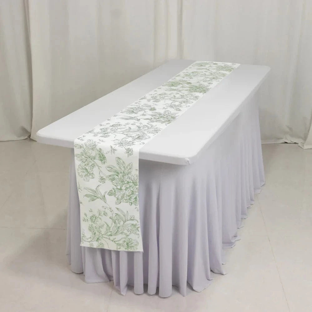 12x108 White with French Toile Floral Print Polyester Table Runner