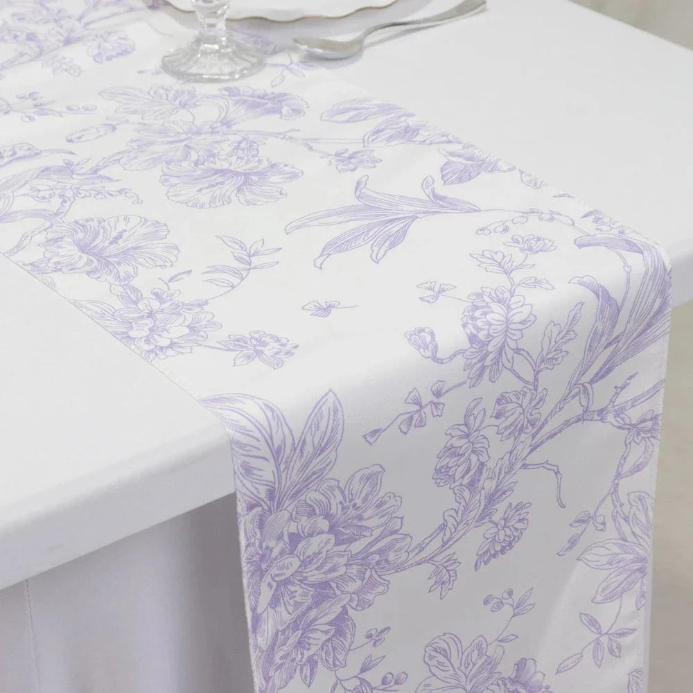 12x108 White with French Toile Floral Print Polyester Table Runner