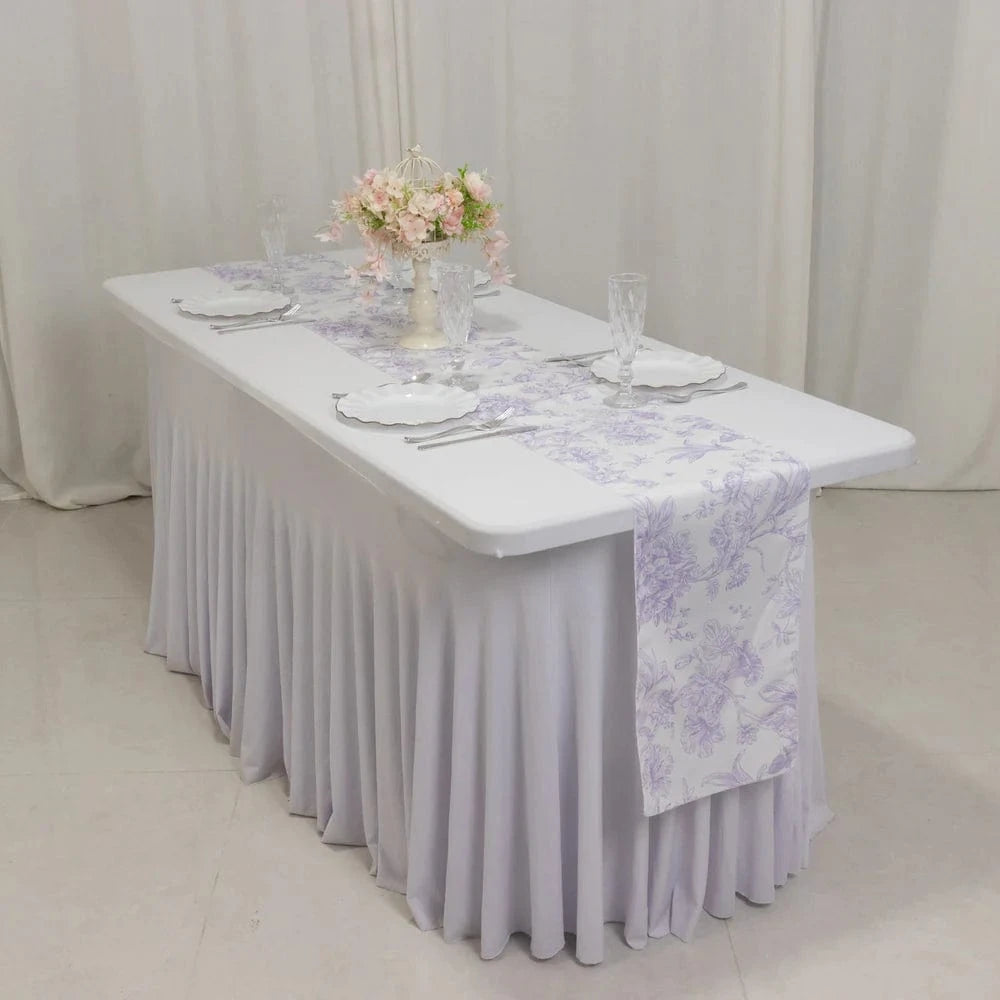 12x108 White with French Toile Floral Print Polyester Table Runner
