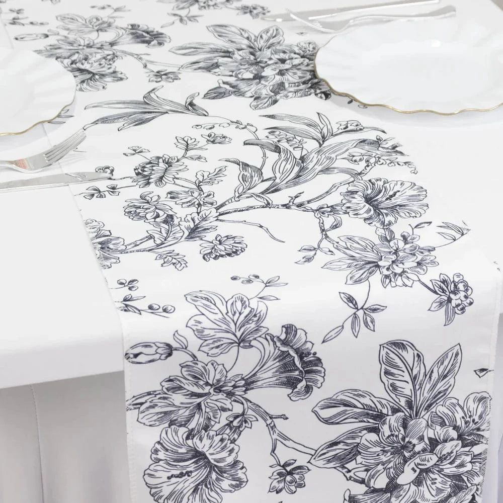 12x108 White with French Toile Floral Print Polyester Table Runner