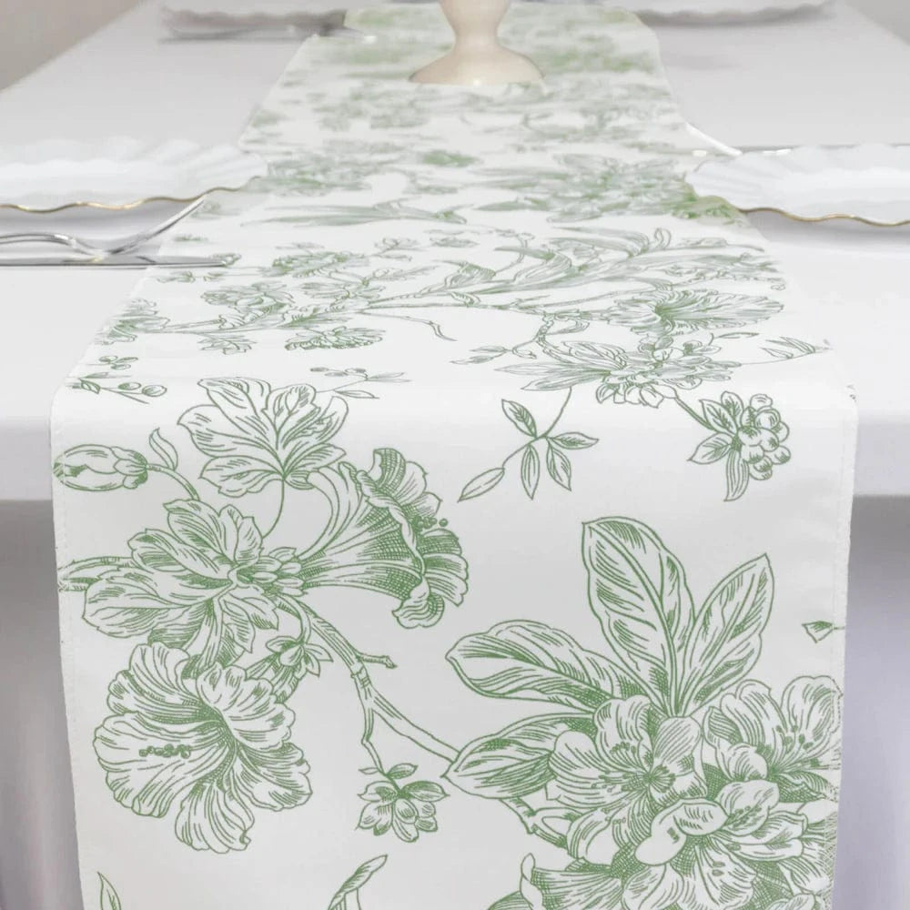 12x108 White with French Toile Floral Print Polyester Table Runner