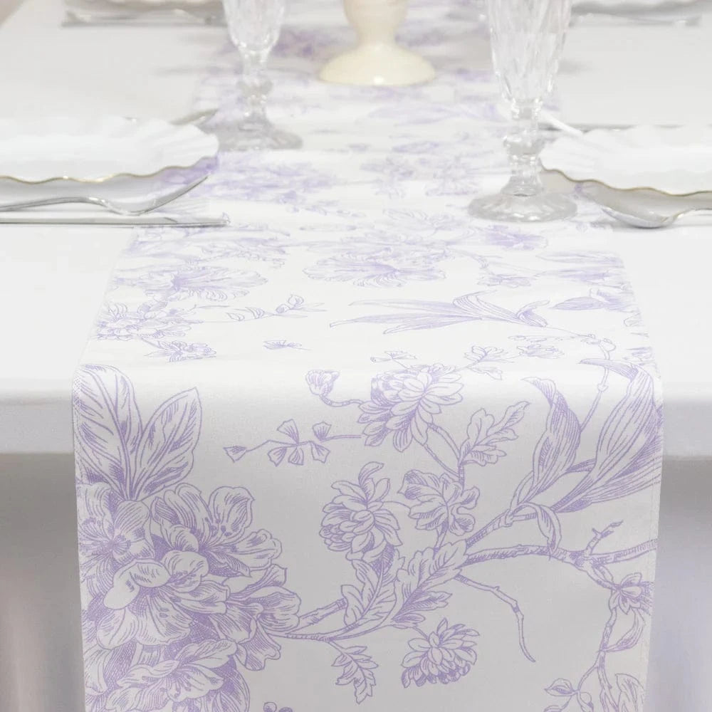 12x108 White with French Toile Floral Print Polyester Table Runner