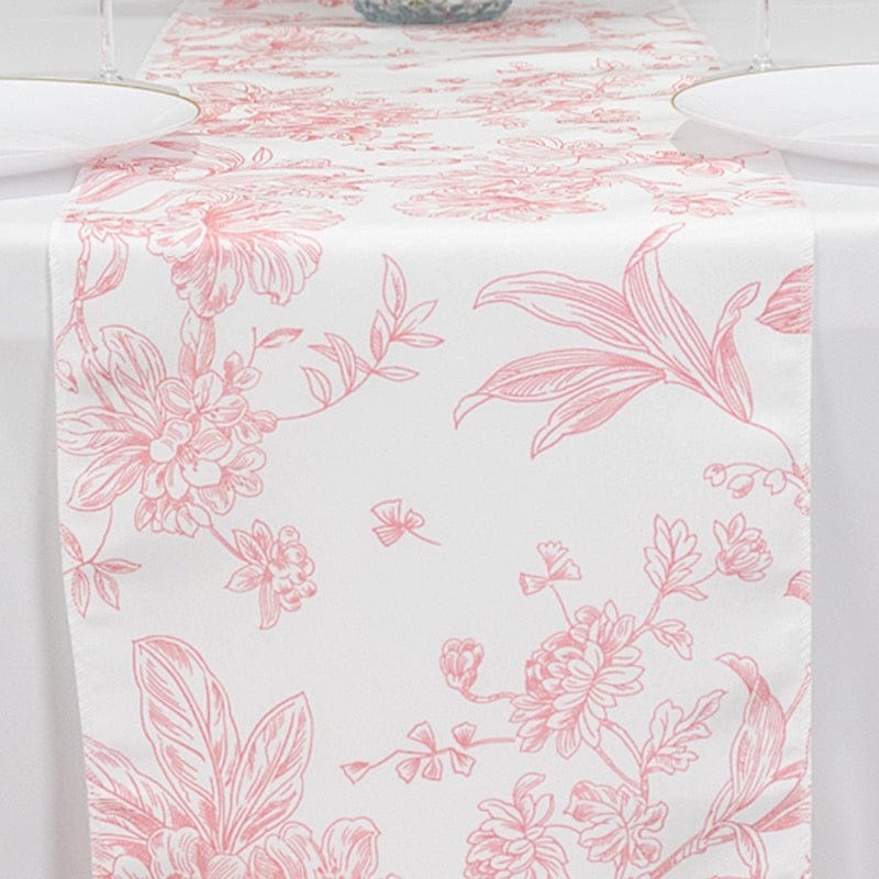 12x108 White with French Toile Floral Print Polyester Table Runner