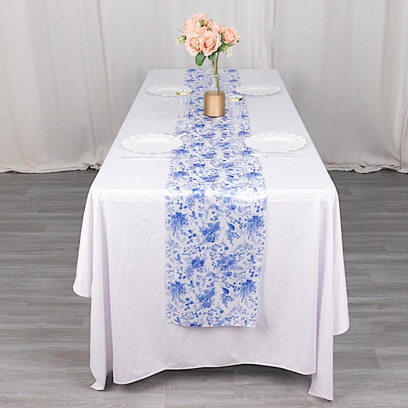 White 12x108 in Satin Table Runner with Blue Floral Design