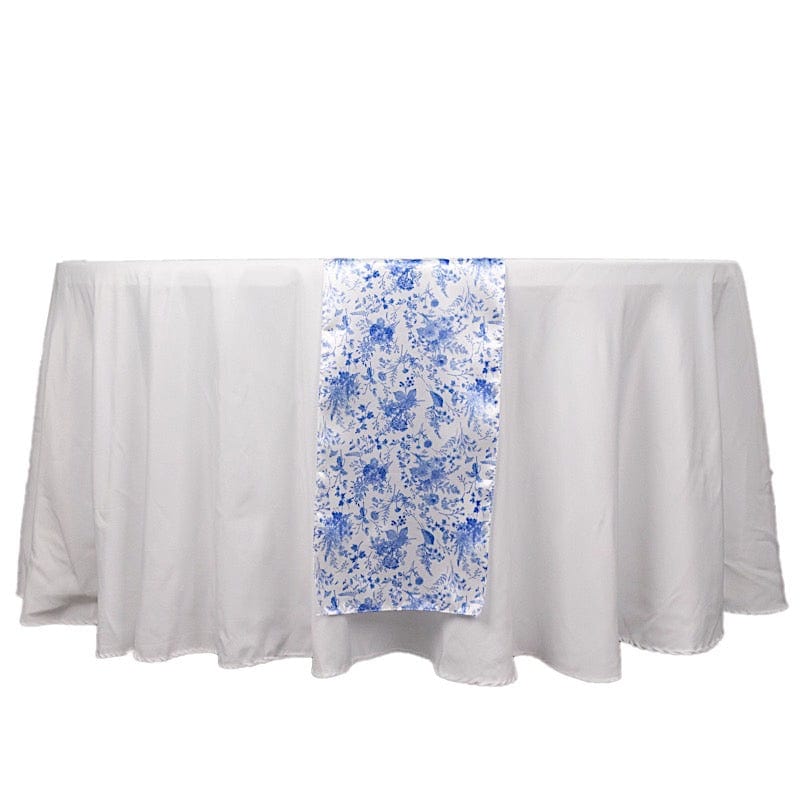 White 12x108 in Satin Table Runner with Blue Floral Design