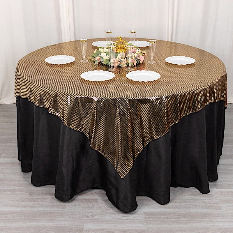 72x72 in Black Polyester Square Table Overlay with Gold Mirror Foil