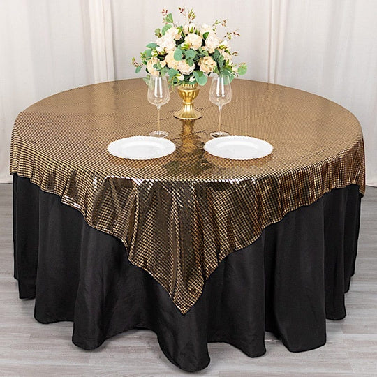 72x72 in Black Polyester Square Table Overlay with Gold Mirror Foil