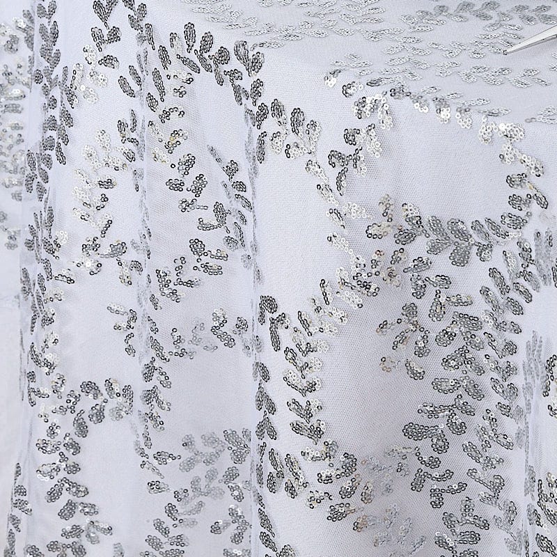 72x72 in Embroidered Leaves Sequined Tulle Square Table Overlay
