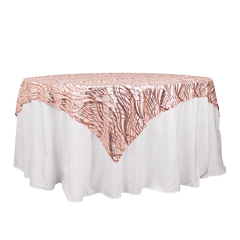 72x72 in Wavy Embroidered Sequined Tulle Square Table Overlay