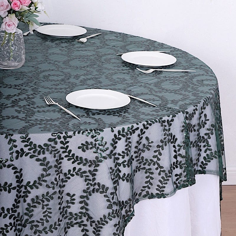 72x72 in Embroidered Leaves Sequined Tulle Square Table Overlay