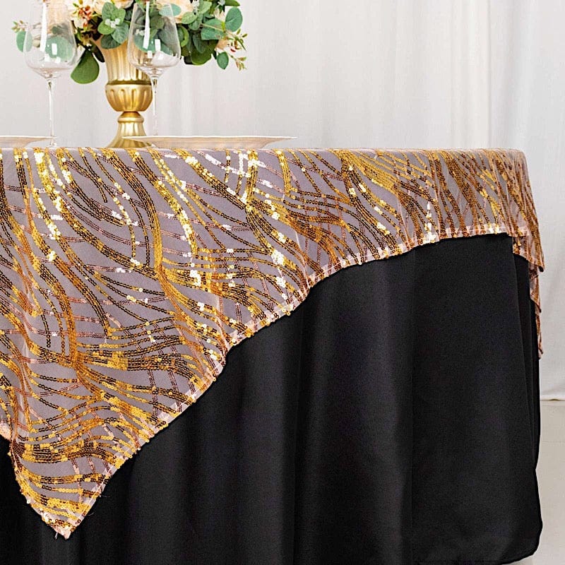 72x72 in Wavy Embroidered Sequined Tulle Square Table Overlay