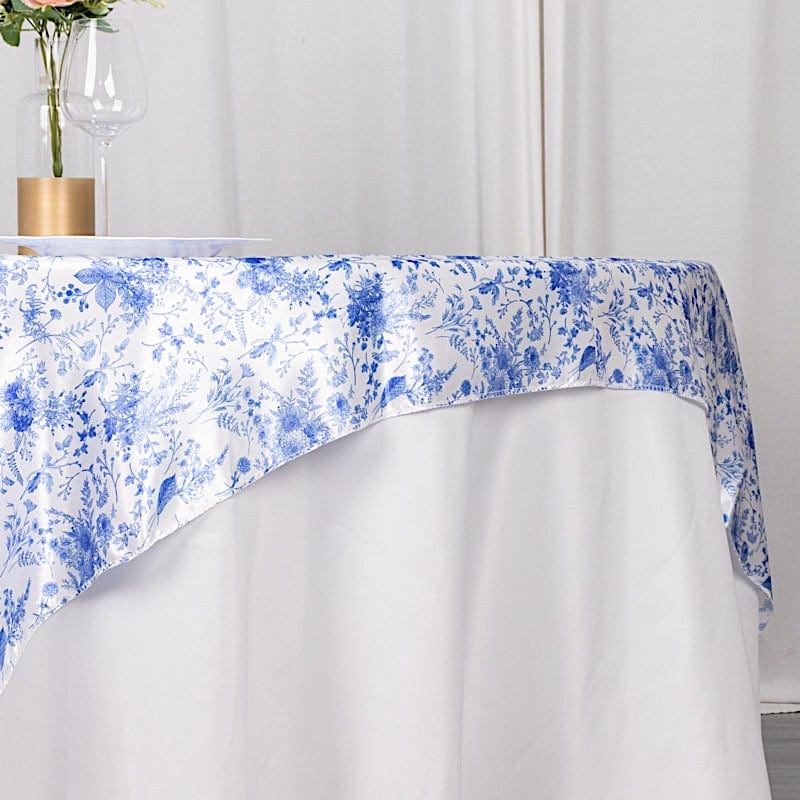 White 72x72 in Satin Square Table Overlay with Blue Floral Design