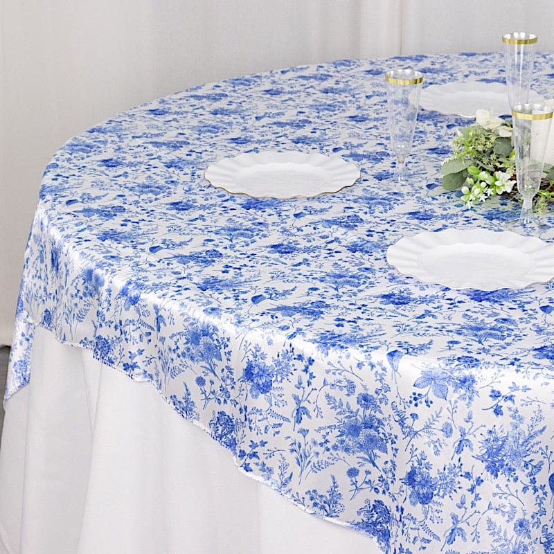White 72x72 in Satin Square Table Overlay with Blue Floral Design