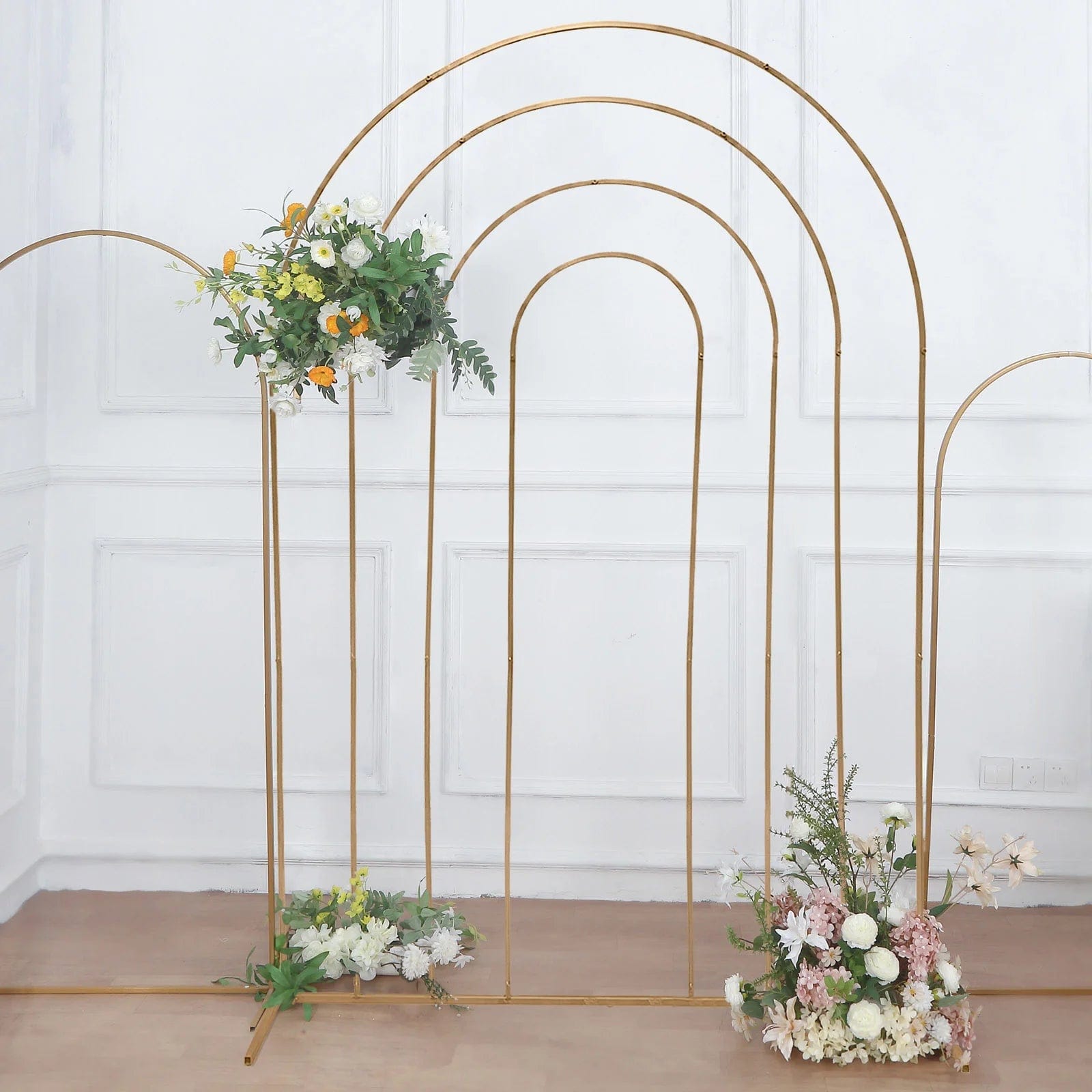 Gold 8 feet Multi-Layered Metal Floral Display Frame with Round Top Backdrop Stand