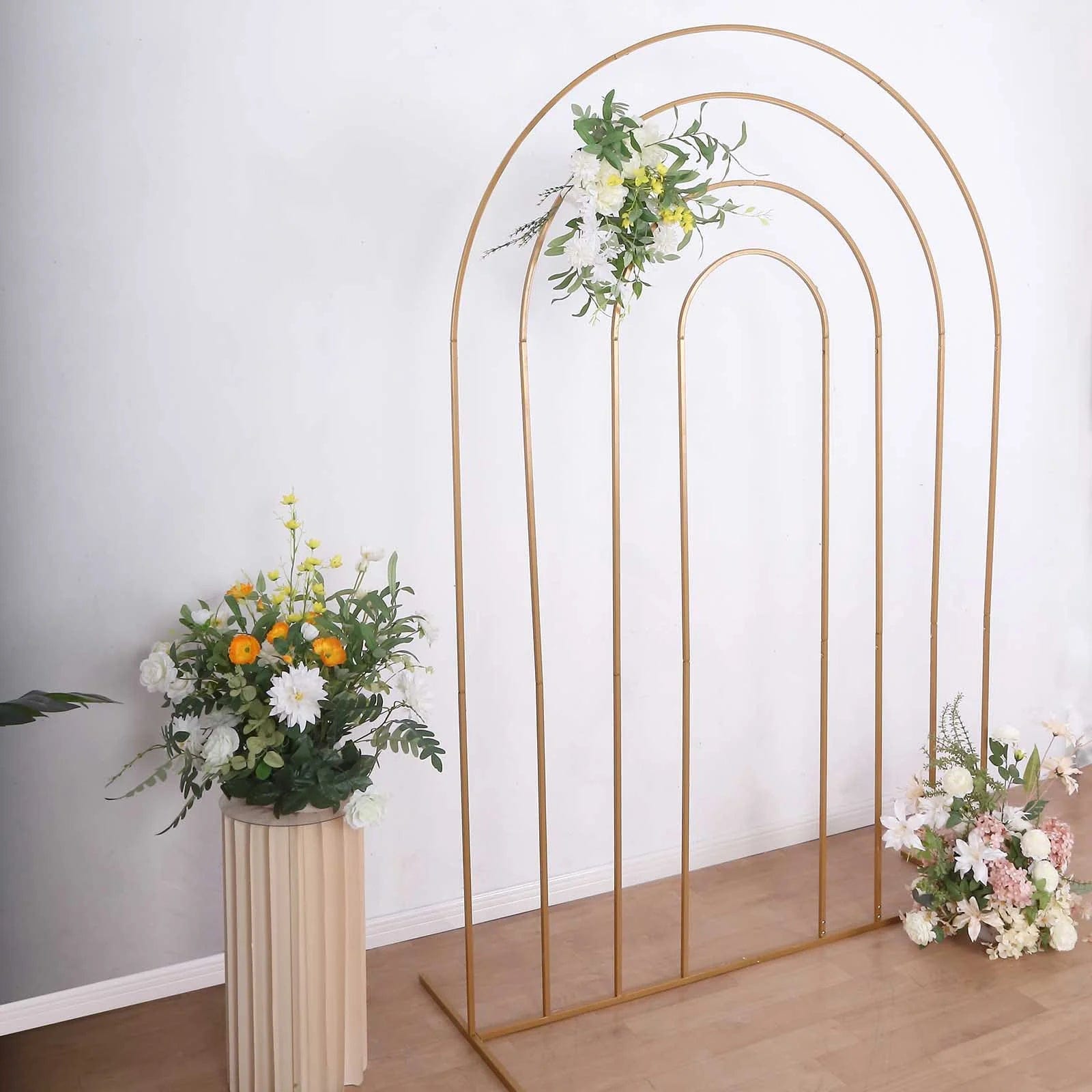 Gold 8 feet Multi-Layered Metal Floral Display Frame with Round Top Backdrop Stand