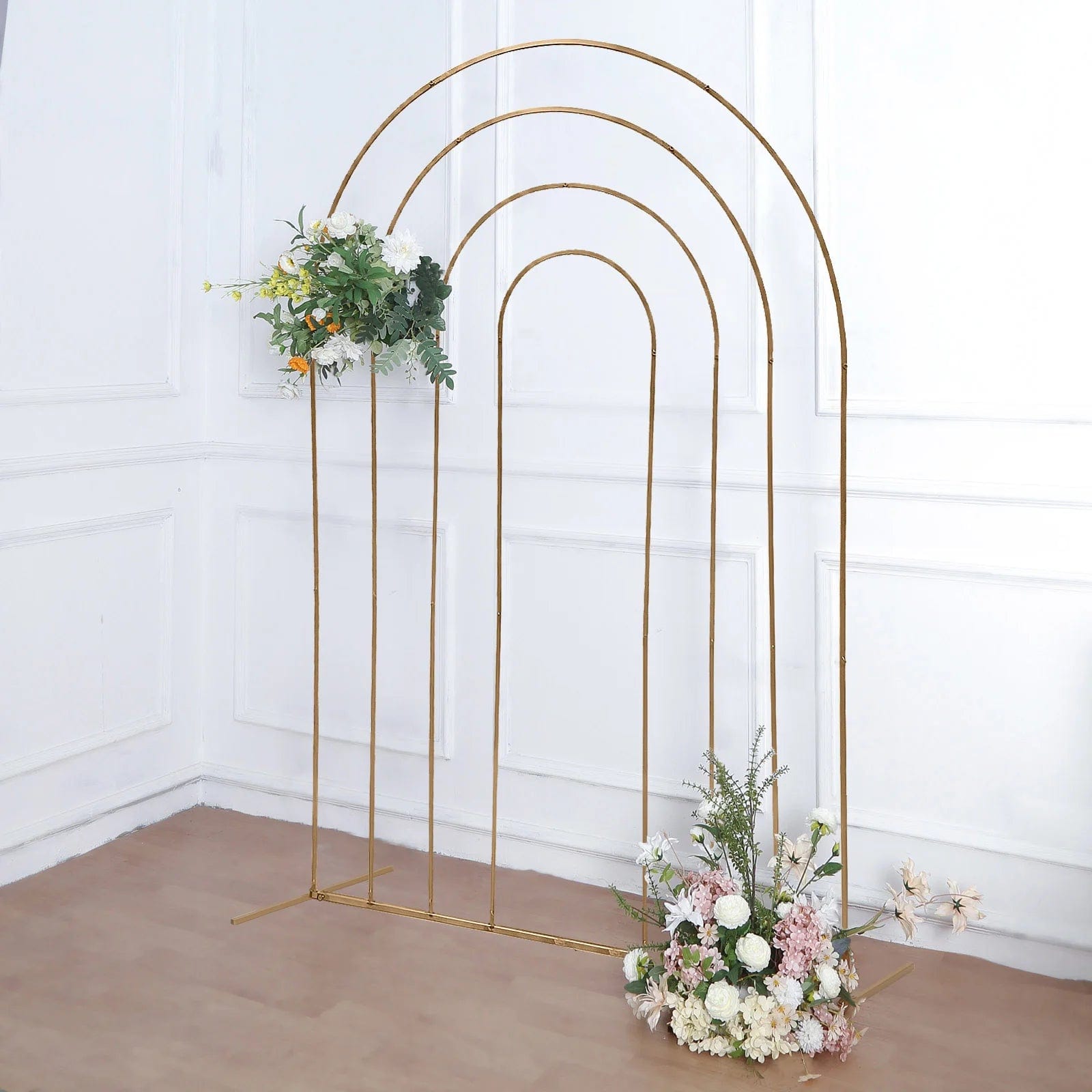 Gold 8 feet Multi-Layered Metal Floral Display Frame with Round Top Backdrop Stand