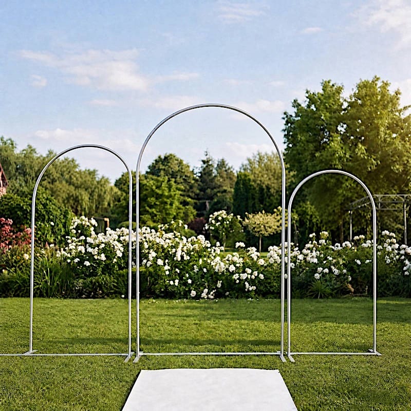 Set of 3  Silver Round Top Aluminum Chiara Backdrop Stands with Half Moon Arch Frame