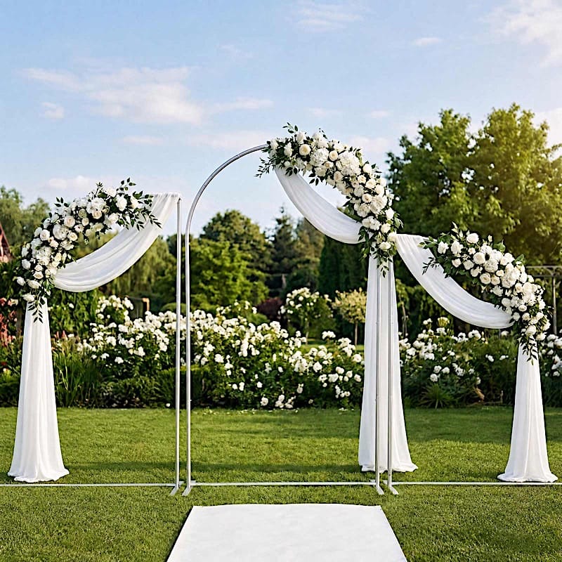 Set of 3  Silver Round Top Aluminum Chiara Backdrop Stands with Half Moon Arch Frame