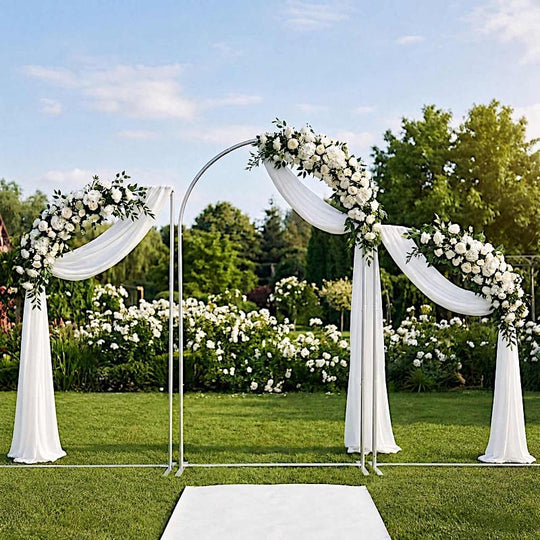 Set of 3  Silver Round Top Aluminum Chiara Backdrop Stands with Half Moon Arch Frame