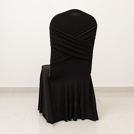 Fitted Spandex Banquet Chair Cover with Ruffle Pleated Skirt and Cross Back Sash