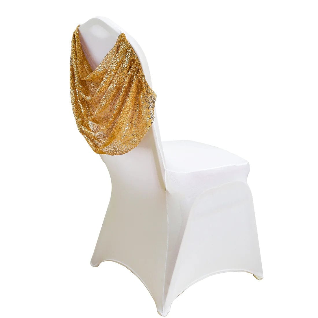White with Gold Sequins Ruched Swag Back Spandex Banquet Chair Cover