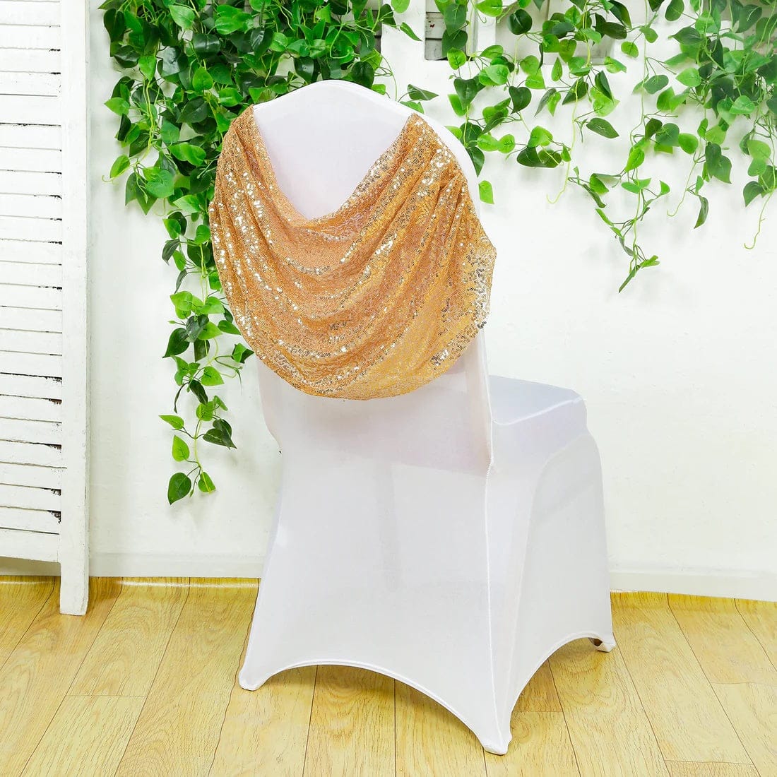 White with Gold Sequins Ruched Swag Back Spandex Banquet Chair Cover