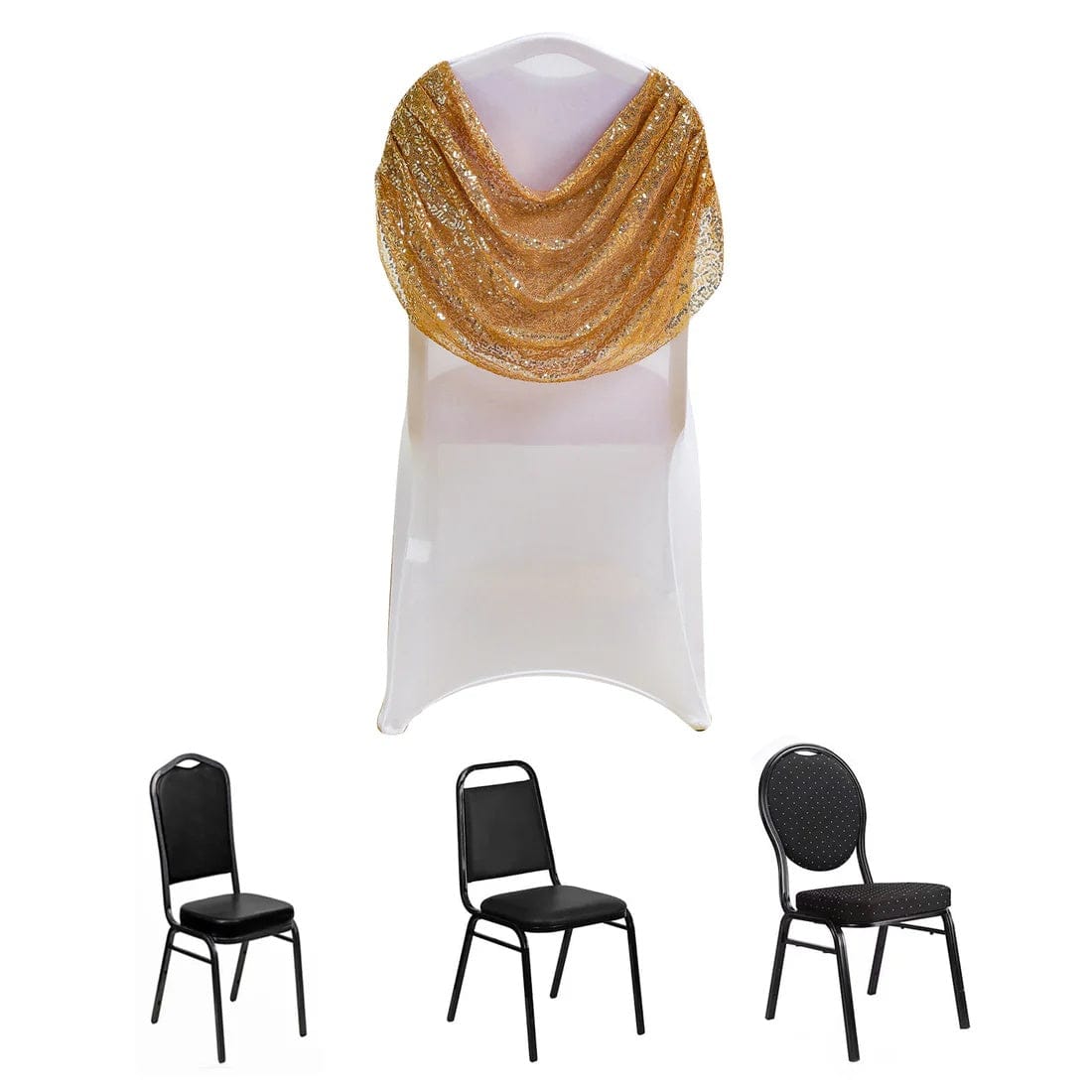 White with Gold Sequins Ruched Swag Back Spandex Banquet Chair Cover