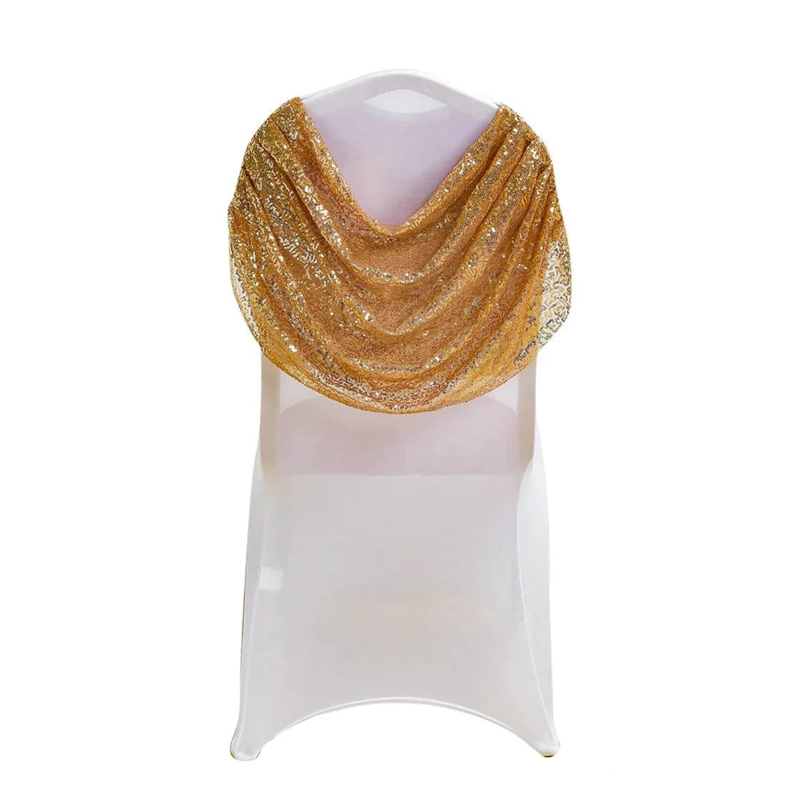 White with Gold Sequins Ruched Swag Back Spandex Banquet Chair Cover