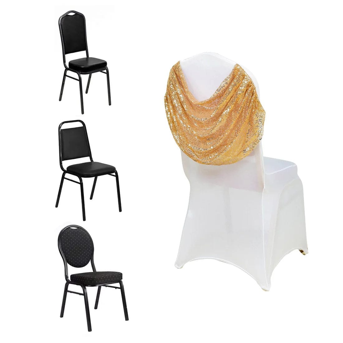 White with Gold Sequins Ruched Swag Back Spandex Banquet Chair Cover