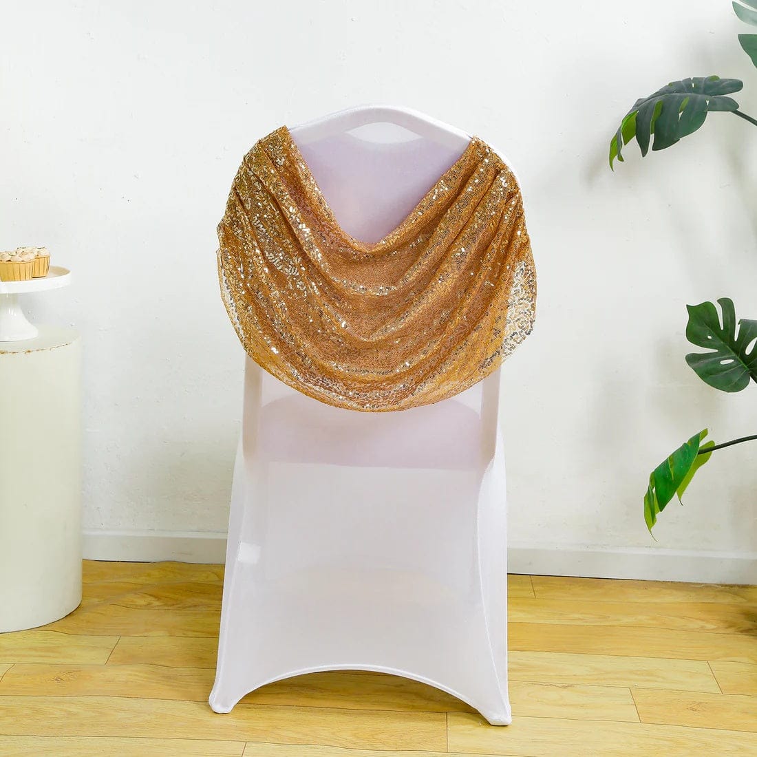 White with Gold Sequins Ruched Swag Back Spandex Banquet Chair Cover