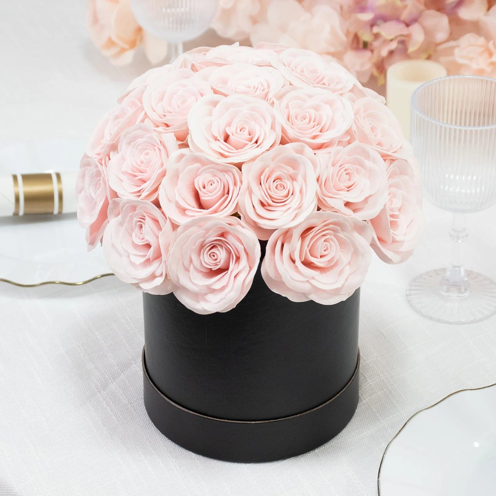 10 in Prearranged Soap Rose Centerpiece Arrangement with Black Round Gift Box