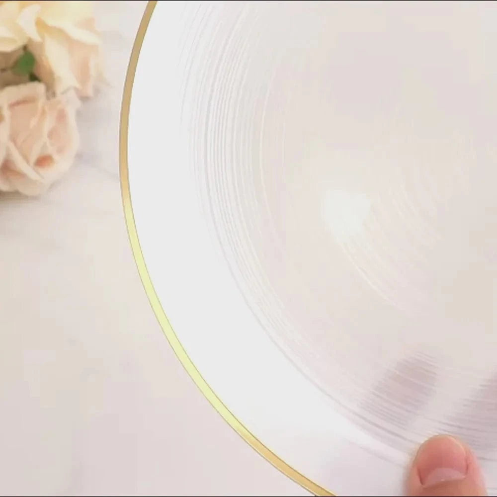 20 Plastic Round Dessert Dinner Plates with Gold Rim
