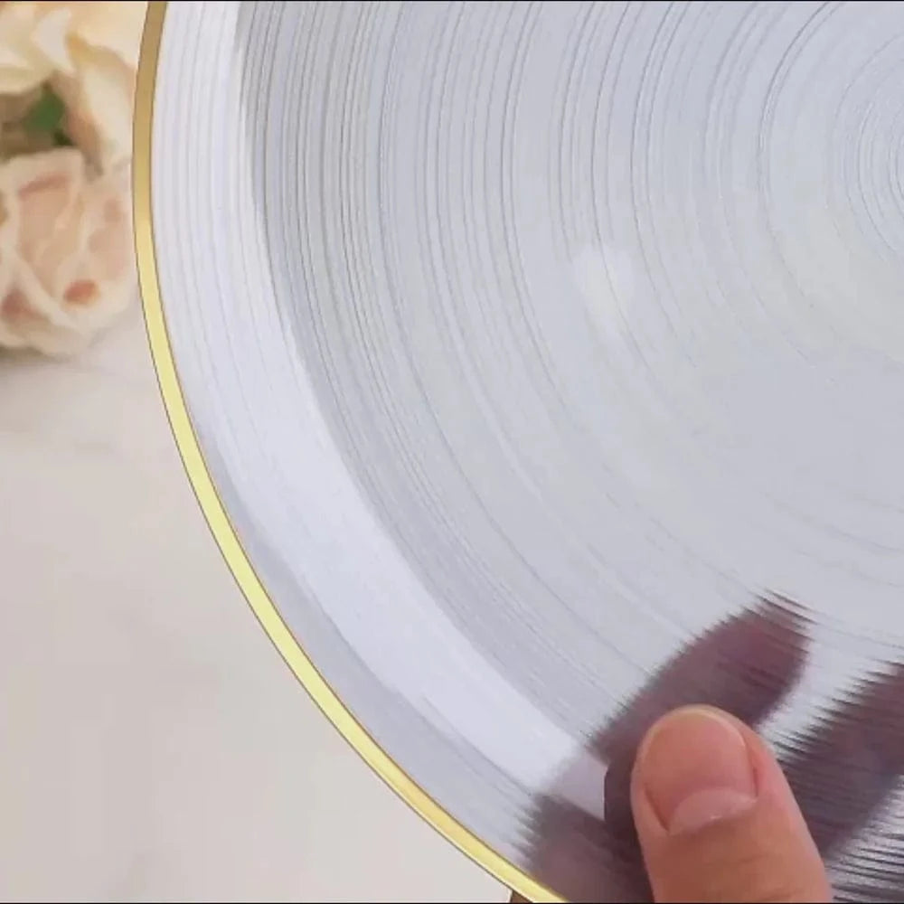 20 Plastic Round Dessert Dinner Plates with Gold Rim