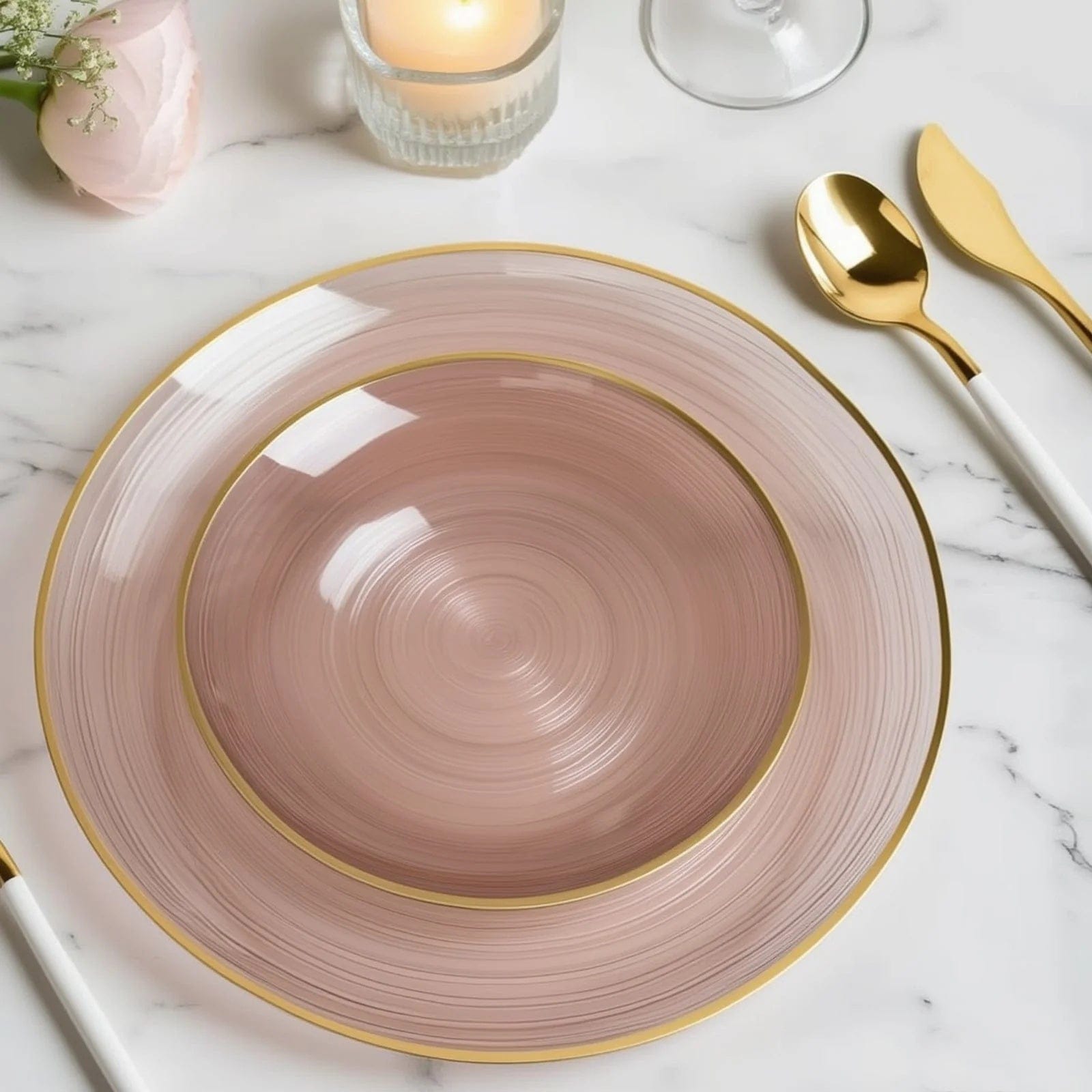 20 Plastic Round Dessert Dinner Plates with Gold Rim