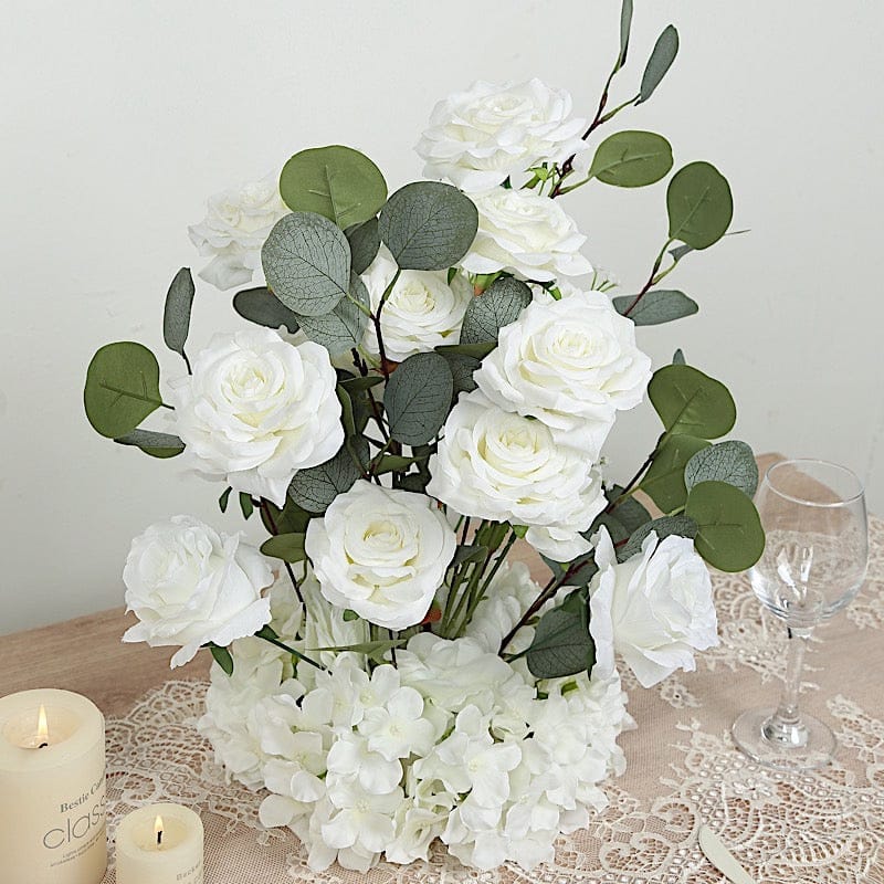 4 Pack 20 in Artificial Flower Arrangements White Roses Hydrangeas and Eucalyptus with Foam Base